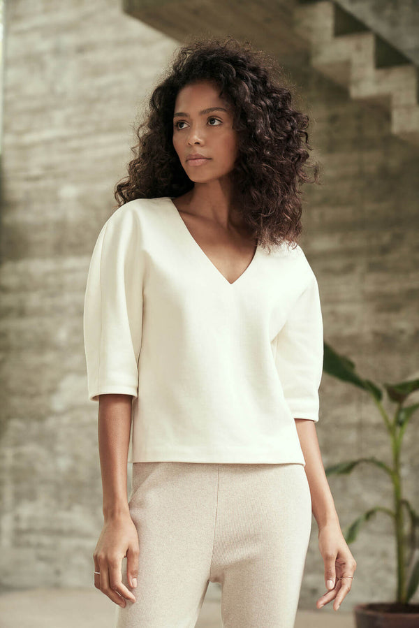 AROHA - Eleganter V-Ausschnitt Pullover mit Dreiviertel Arm in ecru